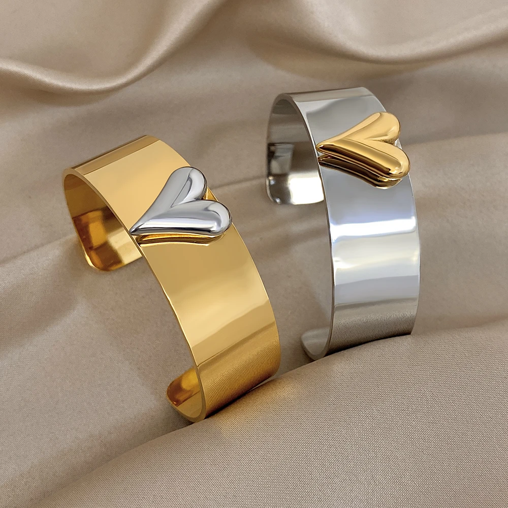 

DODOHAO Creative Heart Stainless Steel Open Wide Bangle Bracelet Women Waterproof Gold Color Chunky Cuff Bracelet Jewelry Gift
