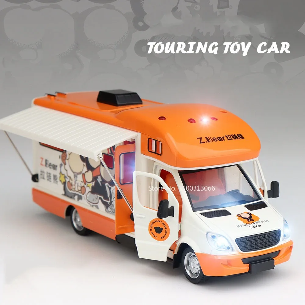 

1:32 Cartoon Bear Caravan Toy Cars Model Alloy Diecast Miniature Touring RV Doors Opened Travel Trailer for Child Birthday Gifts