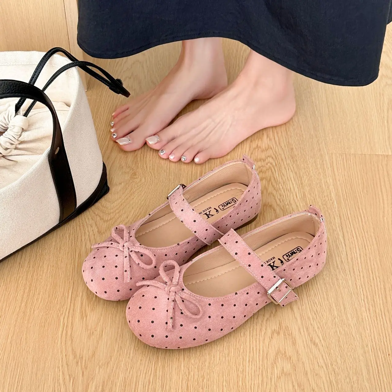 Sweet Polka Dot Mary Jane Flat Shoes Women's Fall 2026 New Style Internal Heightening  Knot Versatile Low Cut Single...