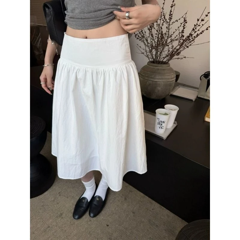 Deeptown Elegant White Mid Skirt Women Korean Style Sweet Loose Ruffle Skirts Vintage Casual Fashion Summer A-line Black Skirts