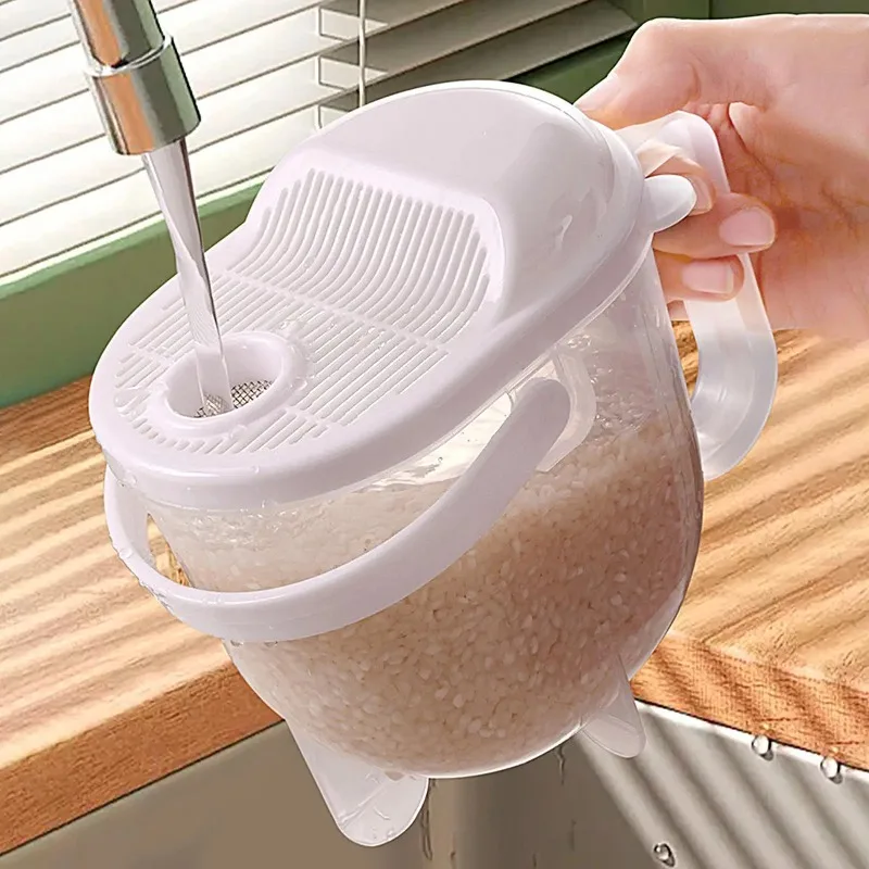 Drain Basket Free Hand Washing Rice Scour Type Rice Washing Rice Basket with Cover Kitchen Cleaning Vegetable and Fruit Tools