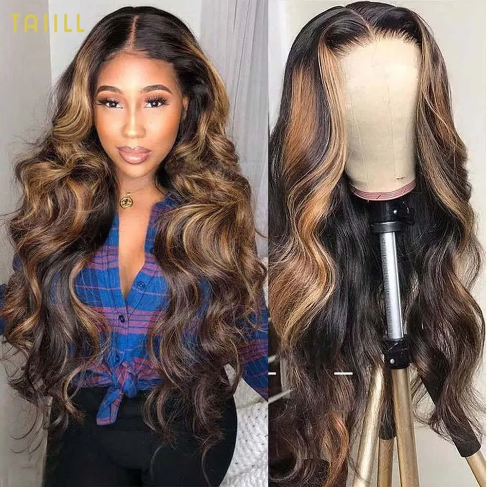 

13x4 Transparent HD Lace Front Wig Human Hair Brazilian Virgin Body Wave 180% Density Ombre Highlight 1B/27 Color Taiill