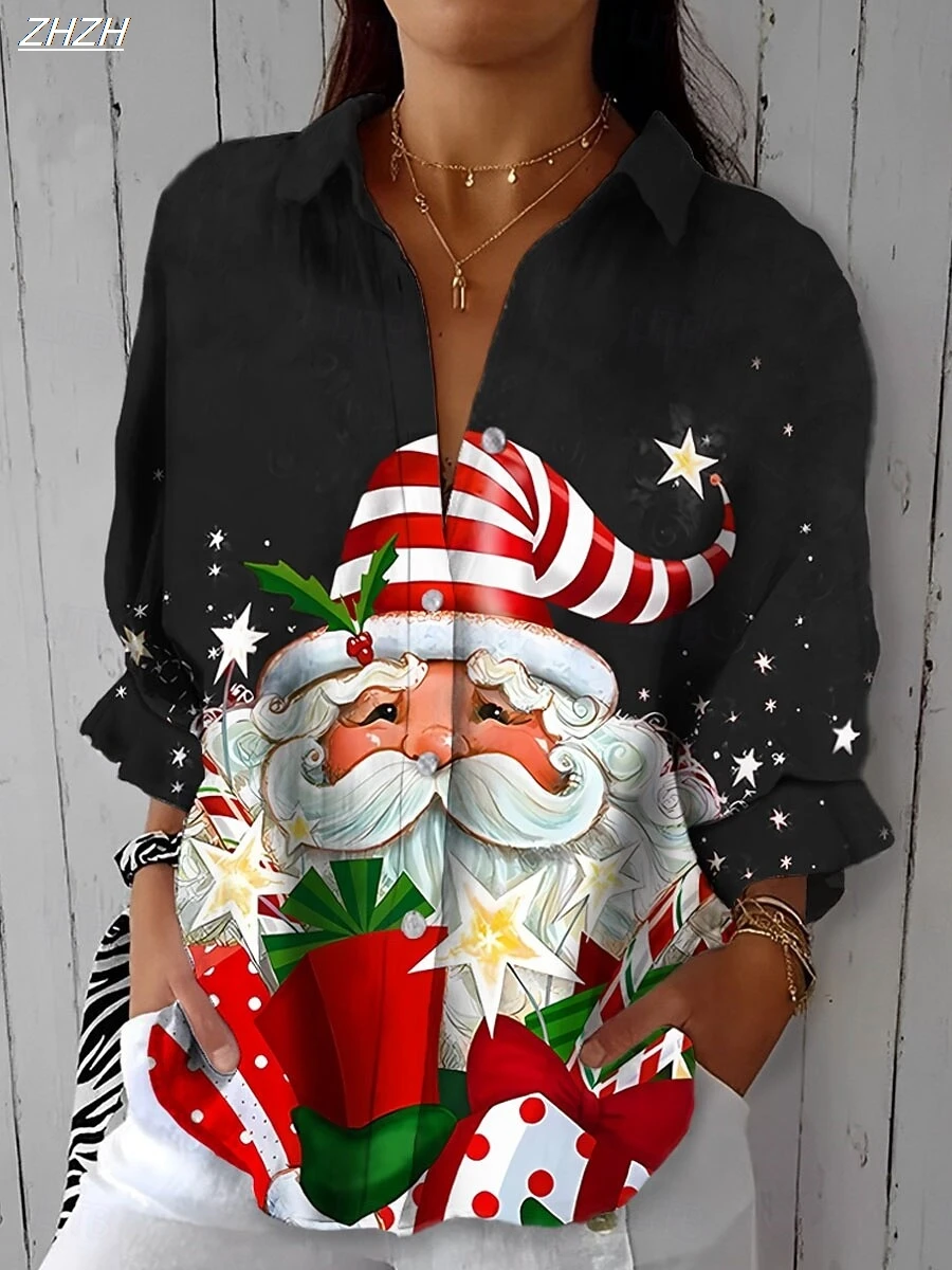 レディース 2025 長袖シャツ、ポリエステル混紡スリムフィット、クリスマスサンタグラフィックカジュアルデイリーウェア、春秋ブラウストップス