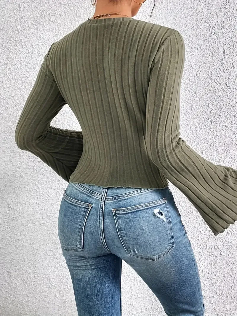 Women\'s 2024 Autumn Casual Long Flared Sleeve Crew Neck Shirts Slim Fitted Elegant Fall Ribbed Knit Tee Tops Y2K Colthes