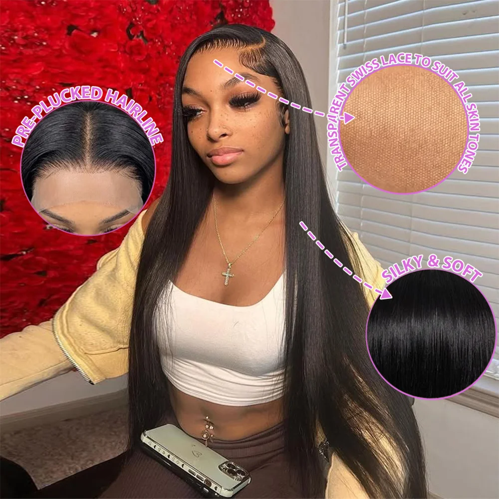 40 42 Inch Bone Straight Human Hair Wigs 13x6 HD Transparent Lace Frontal Human Hair 13x4 Pre Cut Lace Frontal Wig 250 Density 5x5 Ready to Go HD Lace Glueless Wigs Brazilian For Women image 3