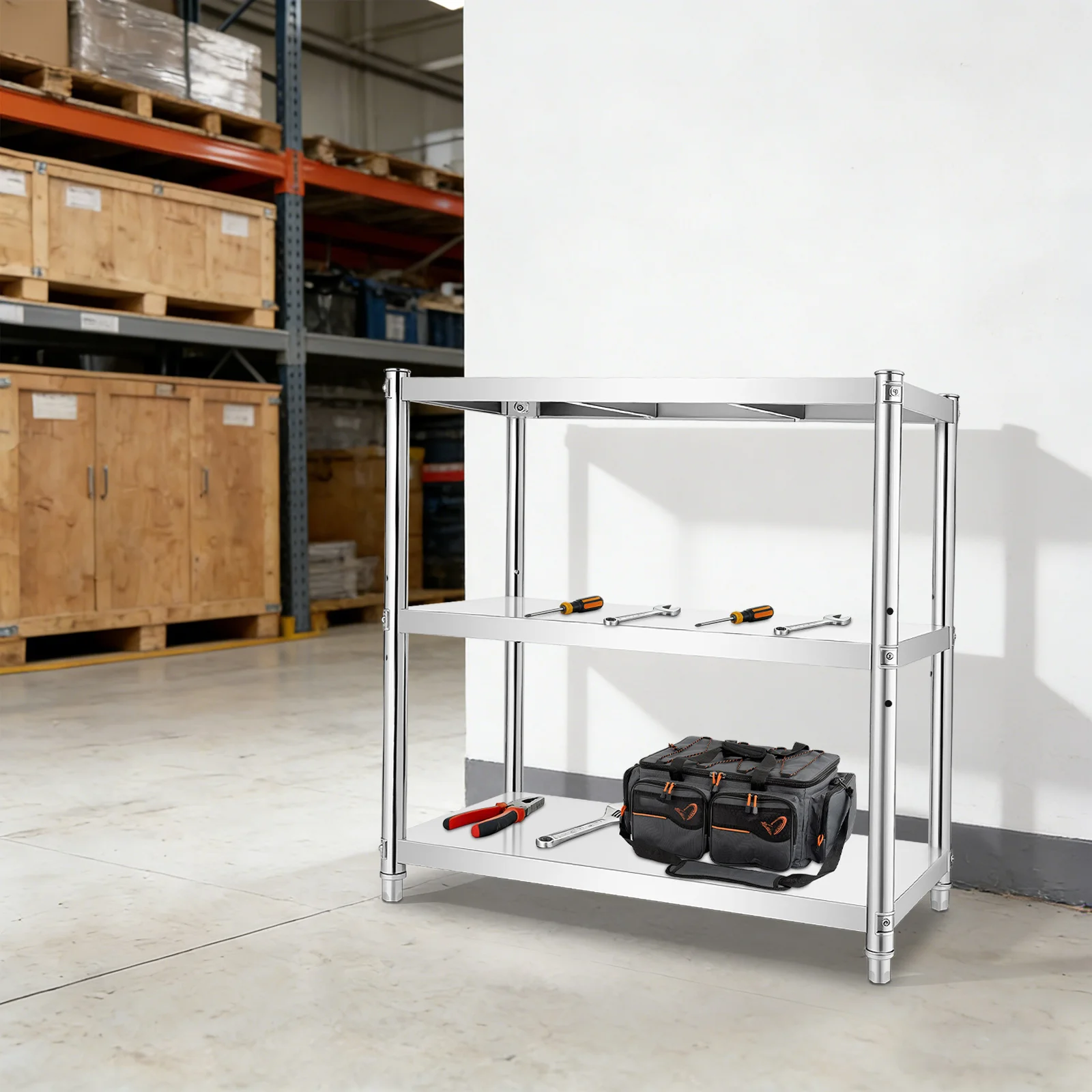 Edelstahl-Regal 3-stöckiges Aufbewahrungsregal Regaleinheit mit Verstellbarem Abstand 30kg Tragkraft Arbeitstisch für Küche Bad Garage – Detail 10