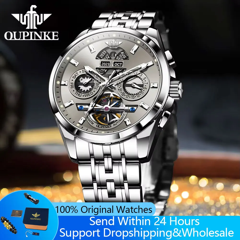 OUPINKE 3251 hommes montre squelette creux montre automatique pour hommes de luxe étanche mécanique montre-bracelet semaine calendrier horloge à main