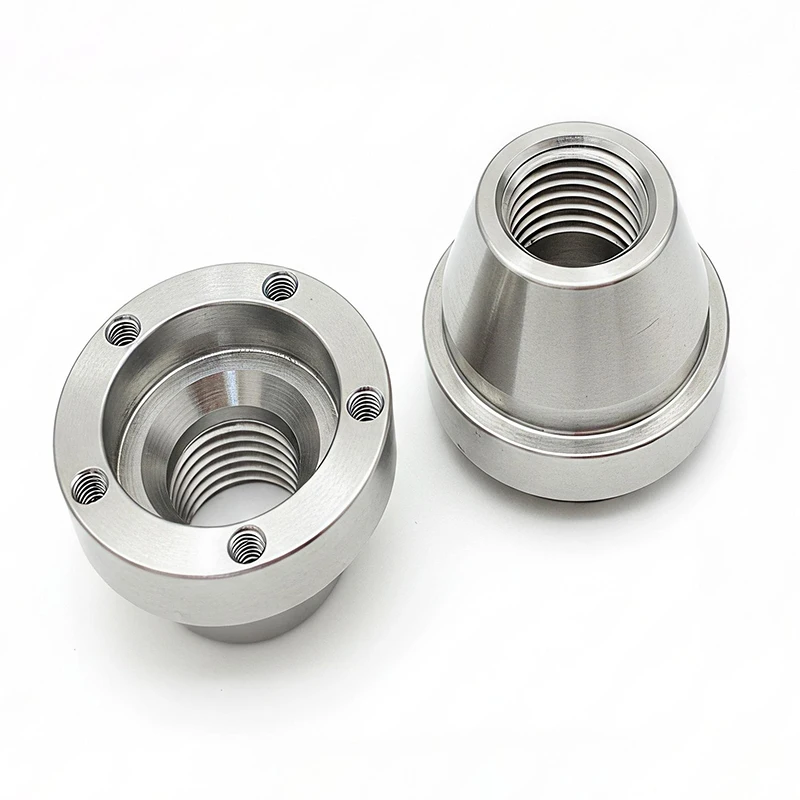CNC Turned 304 Stainless Steel Flange Nut Custom Conical Precision Internal Thread Connection Base