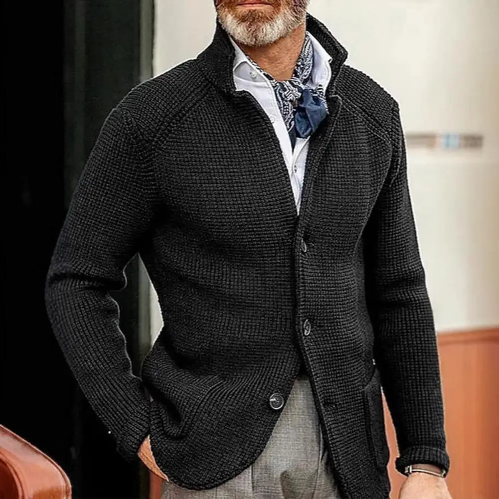 

Мужское вязаное пальто с лацканами и длинным рукавом, свободная вязаная куртка с карманами, мягкая текстура, повседневный однотонный трикотаж