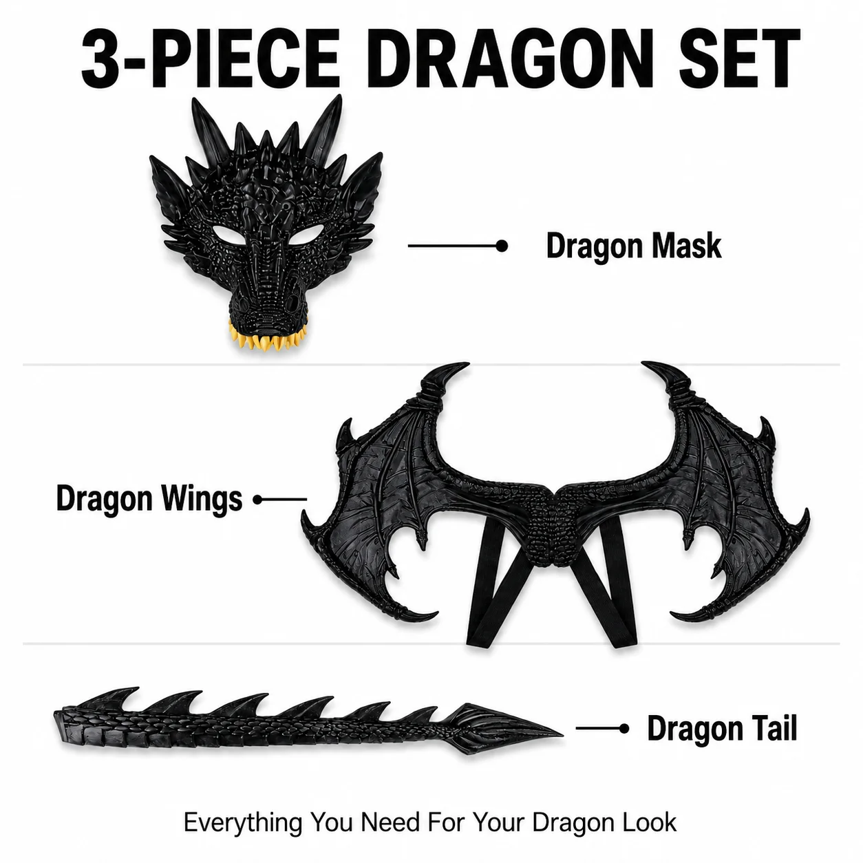 3PCS Dragon Mask Wings and Tail Costume Set, Lightweight RP Foam Fantasy Dragon Cosplay Accessories for Halloween Party Dress Up