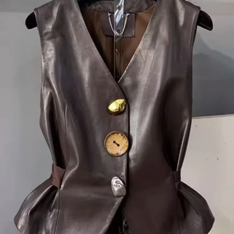 Light Luxury High-End Irregular Button Design Sense V-Neck Vest Women's 2026 Autumn New Top PU Leather Jacket Sleeveless Vest