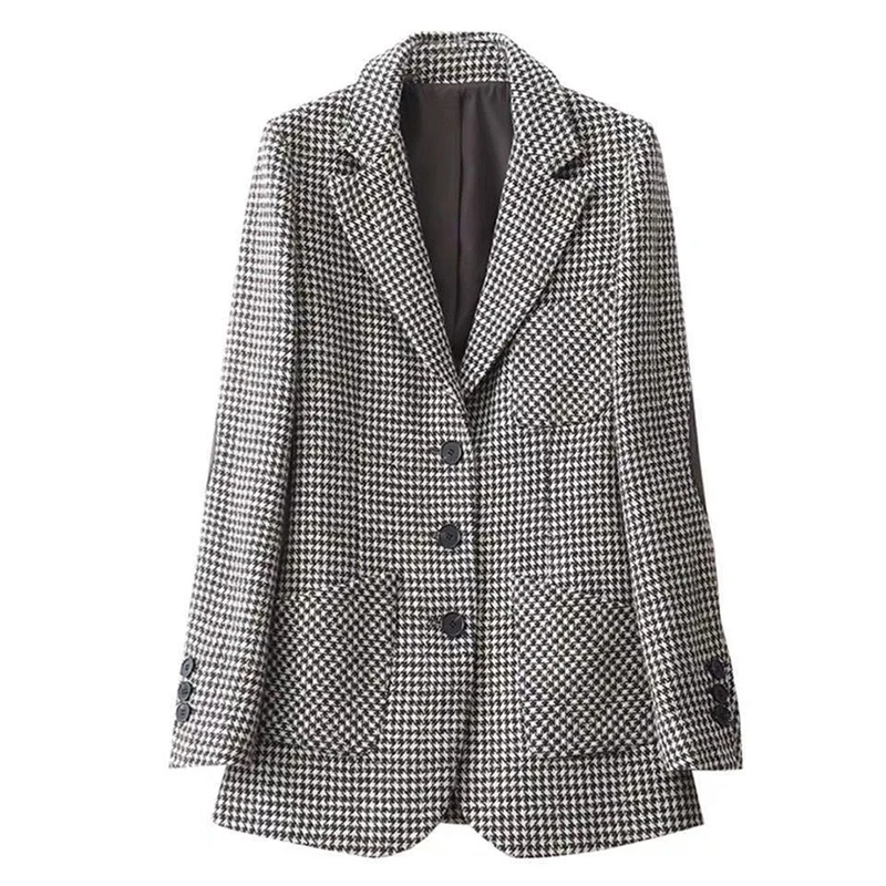 Autumn Winter Oversized Office Lady Elegant Fashion Houndstooth Print Blazer Outwear Women Loose Casual All-match Woolen Suit