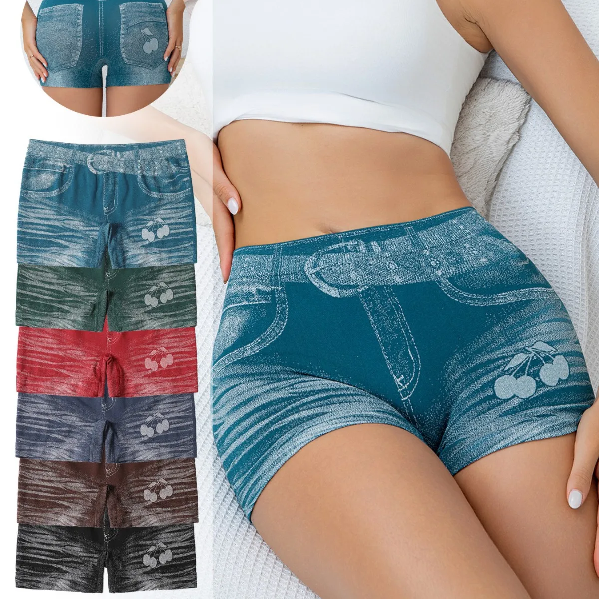 

Women Shorts Faux Jeans Elastic Workout Sports Yoga Pants Butt Lifting Leggins Fitness Athletic Short Tights Seamless