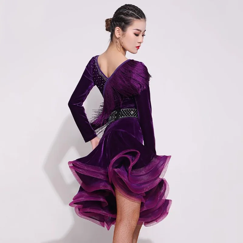 大人女性用ベルベットタッセルダイヤモンドプロフェッショナルナショナルスタンダードダンスドレスソーシャルルンバチャチャダンスウェアパフォーマンスコスチューム