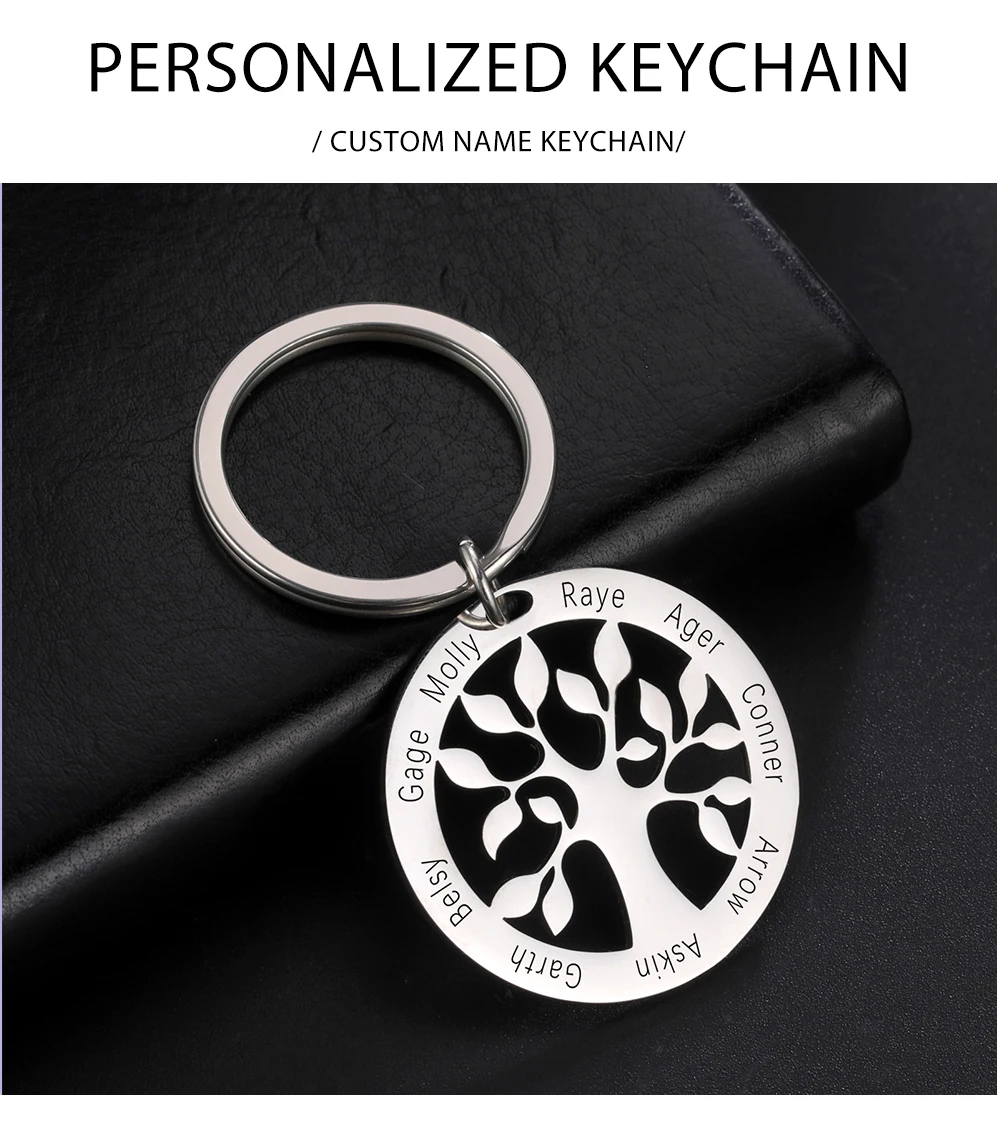 Personalisierter Schlüsselanhänger mit Baum des Lebens, graviert mit Namen, Schlüsselanhänger für Familienmitglieder, Schlüsselschmuck, Geschenke für Paare zum Valentinstag – Detail 5
