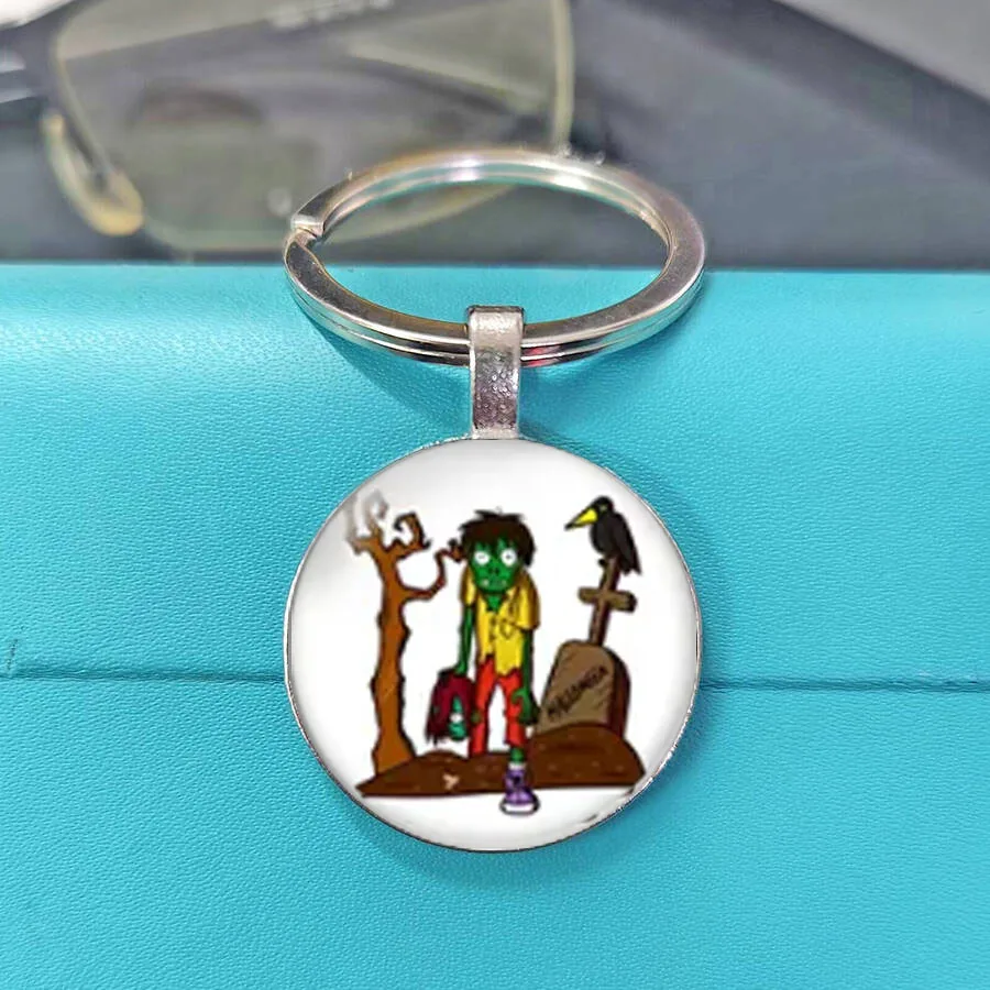 Kawaii Broomstick Young Witch Zombie Vampire Tombstone Circular Glass Key Ring Fall Pendant