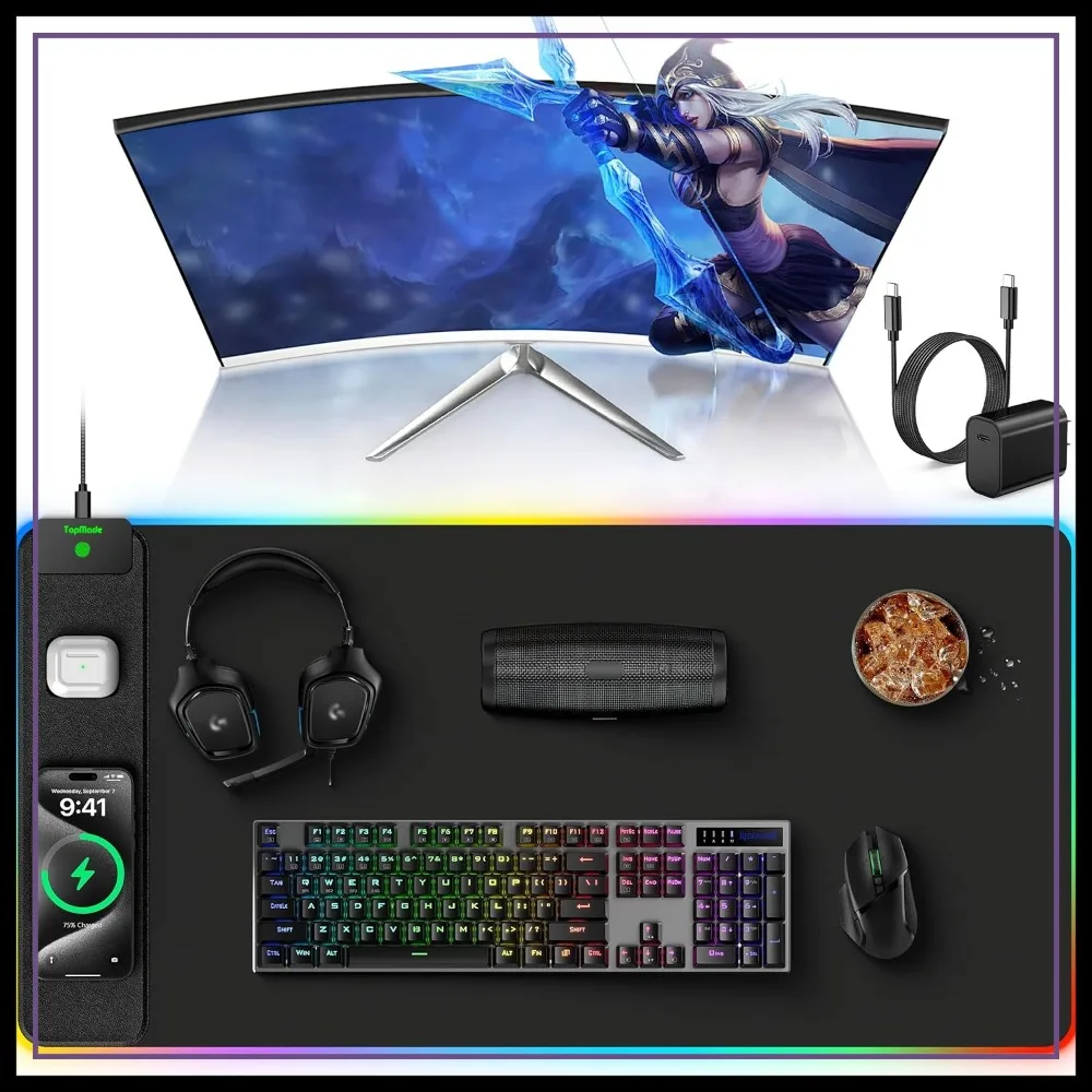 

31.5" x 15.8" XXL Wireless Charging Mouse Pad, RGB Gaming Desk Mat, Waterproof, Non-Slip, Includes 20W PD Adapter & Cable
