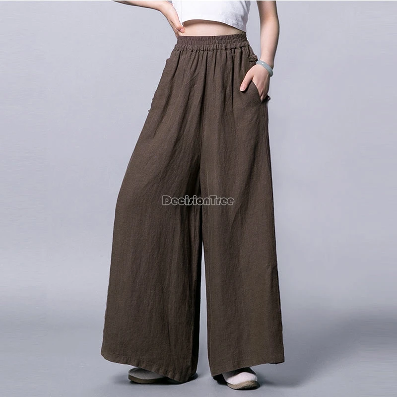 2024 chinese ethnic solid color literature art pants elastic waist wid leg cotton linen trousers breathable versatile tea pants