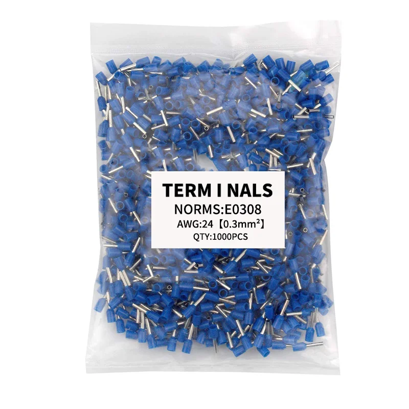 1000pcs Insulated Ferrules Terminal Crimp Terminator cold pressed insulated termina E0308 Wire Ferrules  For 0.3mm2, 24 AWG