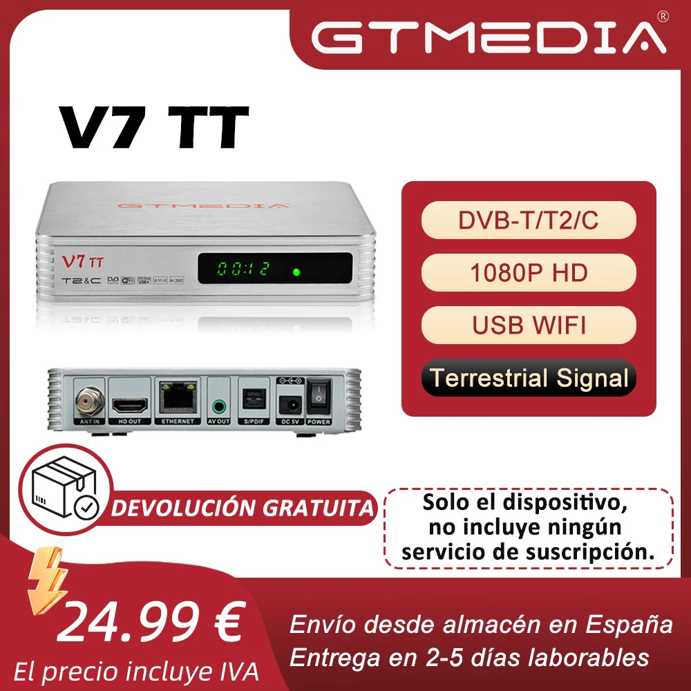 GTMEDIA V7 TT TDT HD DVB T2 T receptor terrestre DVB-C H.256 10bit 1080P Full HD TV decodificador con USB WIFI soporte PVR CCAM UE