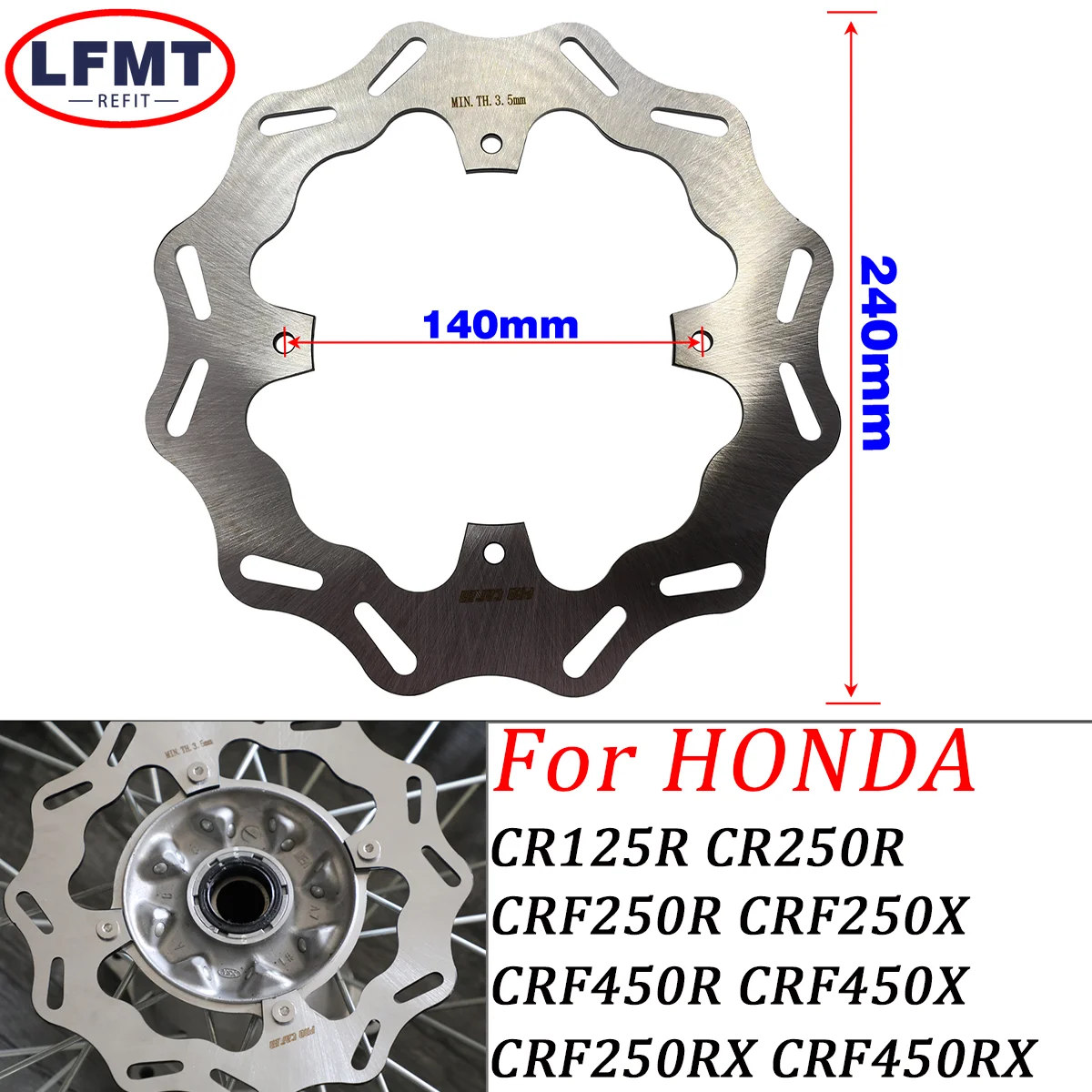 

240mm Rear Brake Disc Rotor For HONDA CR125R 250R CRF250R 250X CRF450R 450X CRF250RX 450RX CR CRF 2002-2021 Universal Parts
