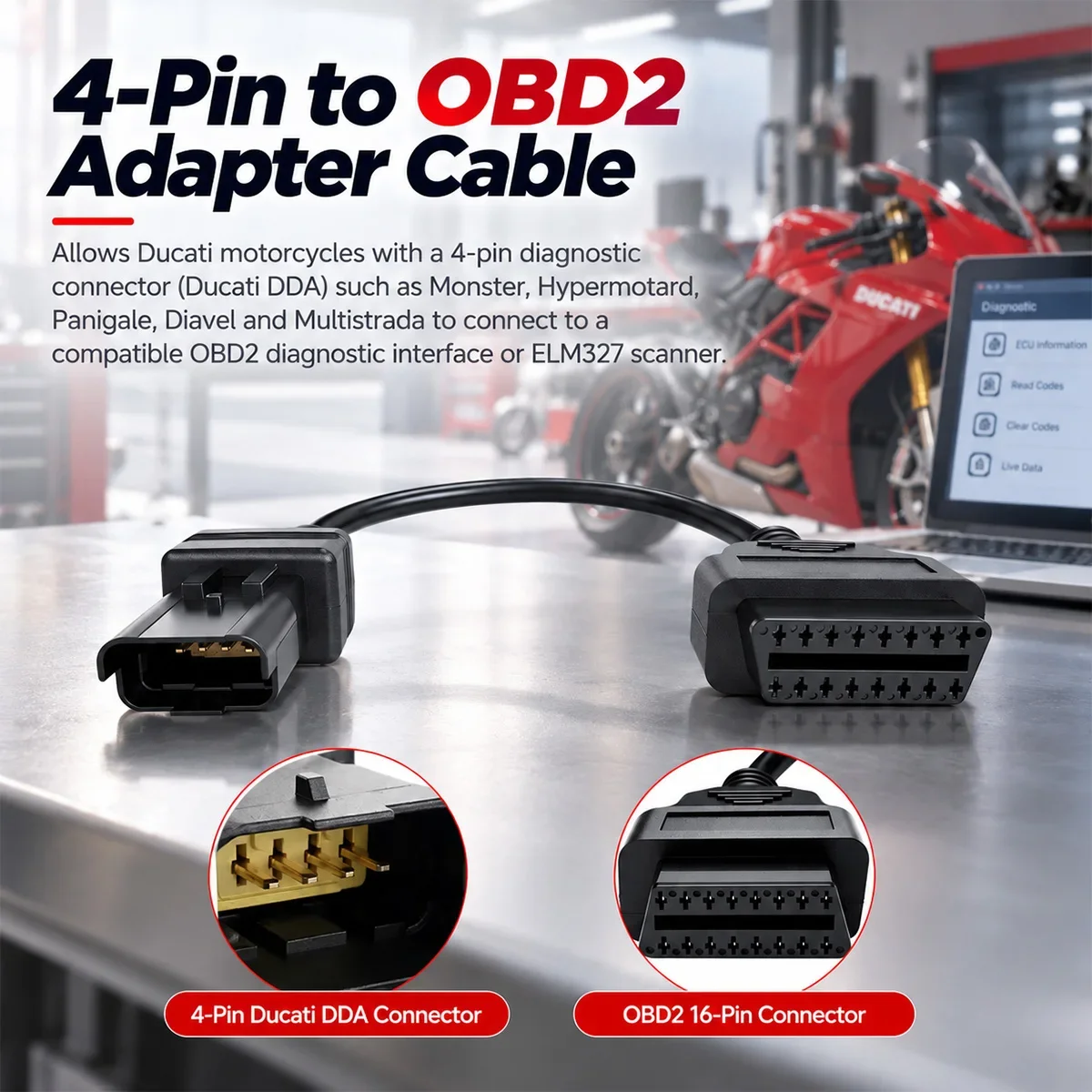 OBD Motorcycle Cable For Ducati 4Pin Plug Cable OBD Motorcycle Cable 4 Pin To OBD2 16 Pin Adapter Diagnostic Cable Scanner Tool
