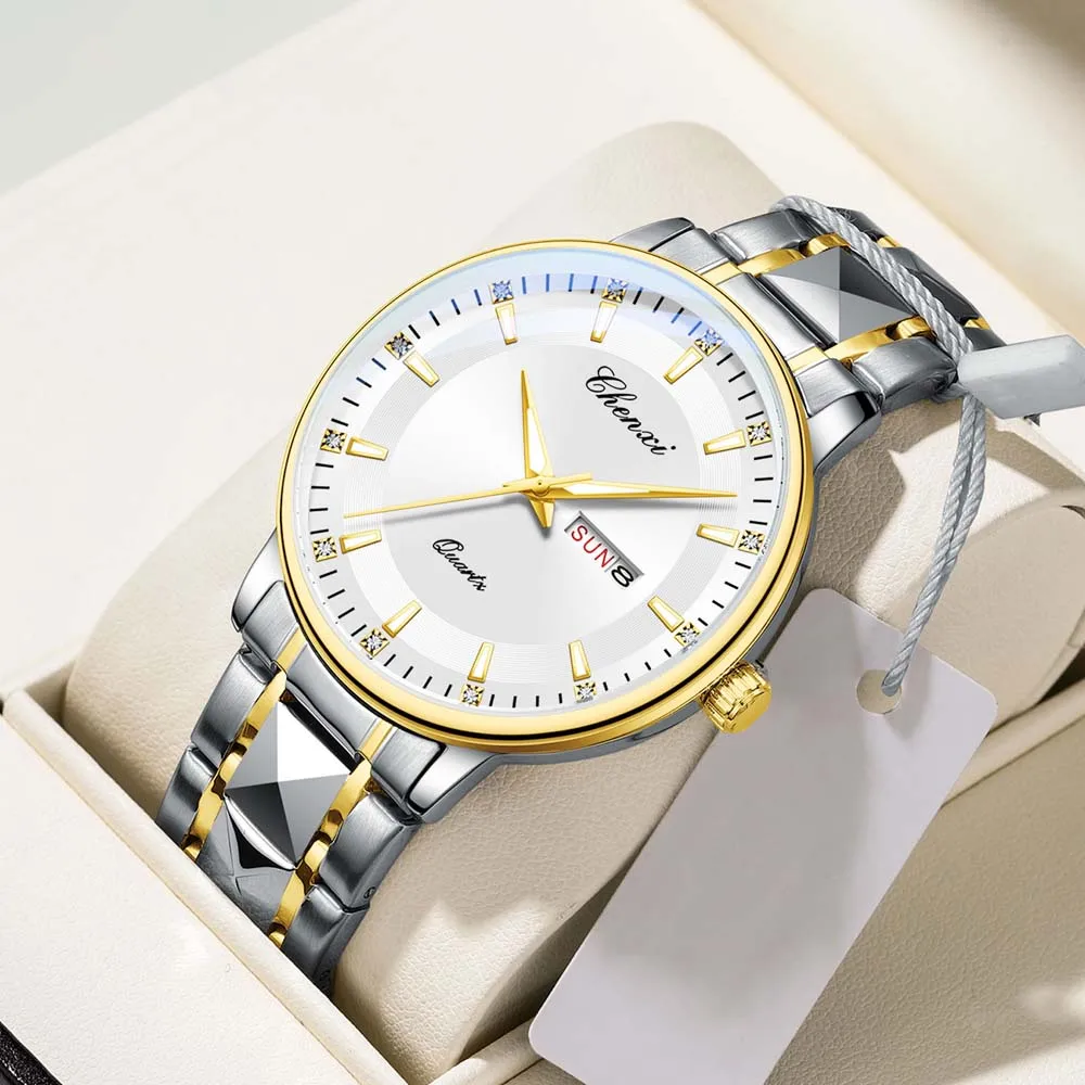 CHENXI Men's Quartz Business Casual Watch Minimalist Stainless Steel Strap Luminous Date Curved Mirror Display Man Watches