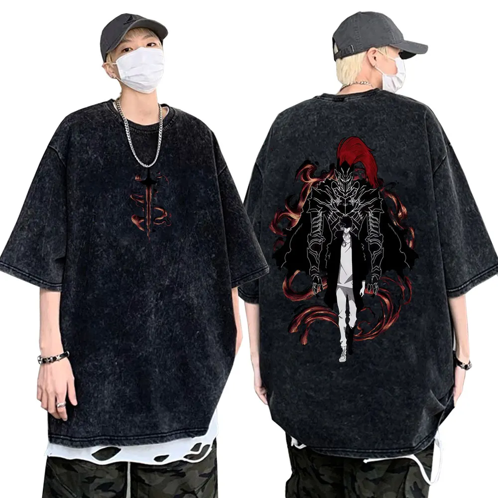 

Anime Solo Leveling Sung Jin Woo & Lgris Vintage Washed T Shirt Male Cartoon Casual T-shirts Men Women Oversized Crewneck Tshirt