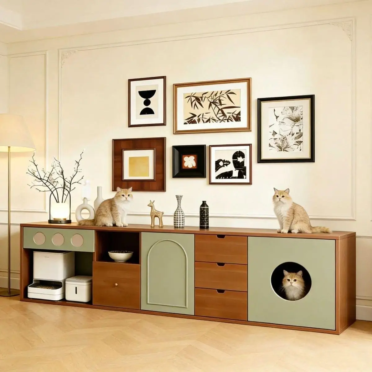 Pet solid wood TV cabinet cat nest integrated log cream wind cat TV cabinet medieval living room home floor