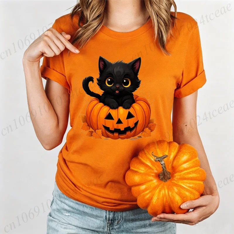 Halloween Cute Black Cat in Pumpkin Print T Shirt Women Graphic Tees Spooky Season T-Shirts Family Holiday Party Tee Tops Gifts