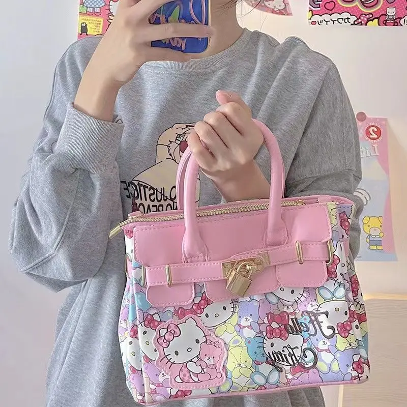 Sanrio Hellokitty Elegant PU Square Handbags Kawaii Cartoon Kitty Y2k Shoulder Bag Pink Lolita Girl Crossbody Bags Birthday Gift