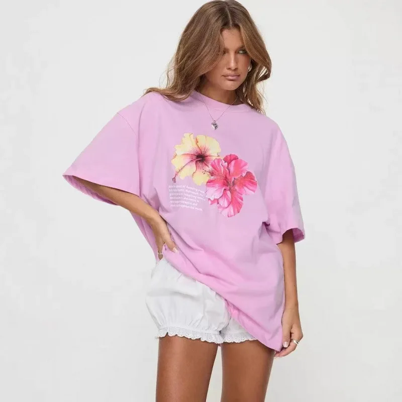 Comoda e traspirante rosa con stampa floreale Casual Princ Polly T-shirt da donna vestibilità ampia rotonda Ne ort Sve Top