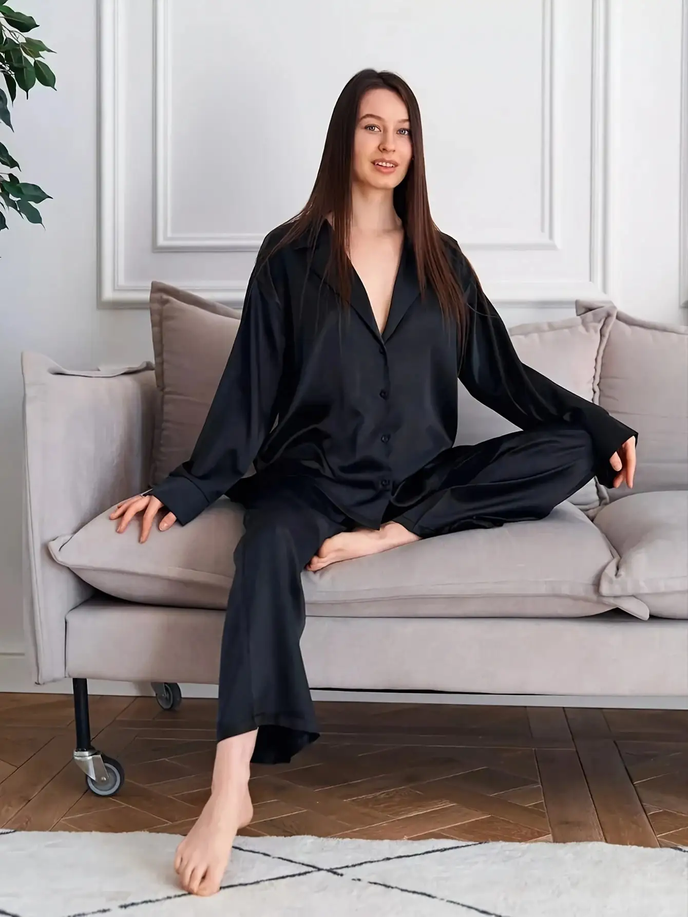 طقم بيجامة نسائي فضفاض كاجوال للربيع/السيارات - كارديجان بأزرار وأكمام طويلة + بنطلون، قماش ناعم #3