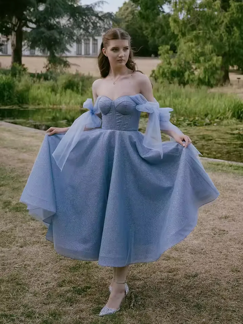 

Customized Sweetheart Princess Prom Dress Off Shoulder Bow A-Line Tea Length Graduation Party Dress Formal Evening Dress