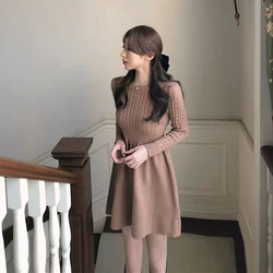 Korean Style Solid Inside Knitting Mini Dress Woman Autumn Winter Warm Long Sleeve Sweater Dresses Elegant Women's Waist Dress