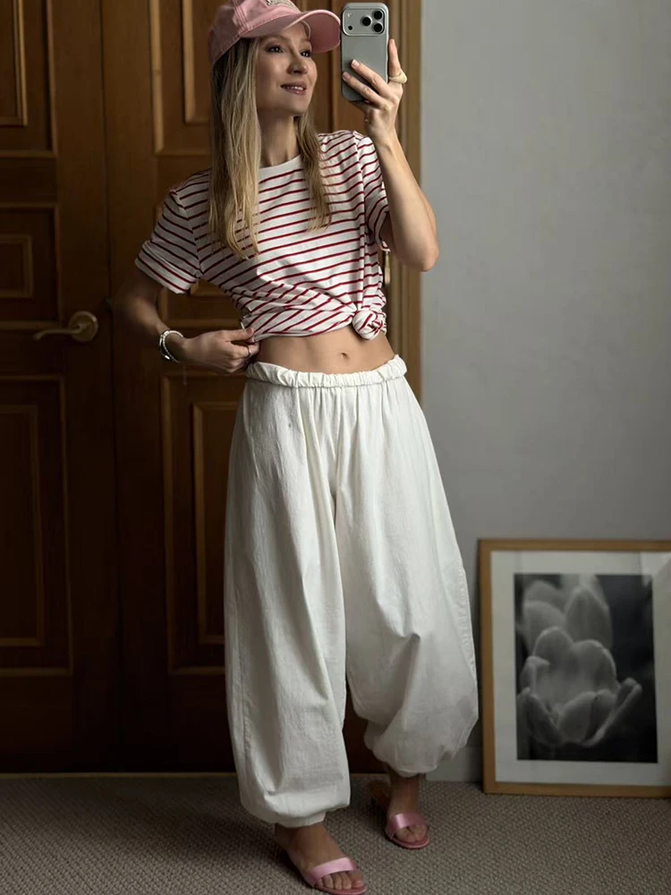Wide Leg Red Pants For Women Cotton Long Bloomers White Autumn Elastic Waist Lantern Trousers Women Straight Practice Pants Lady
