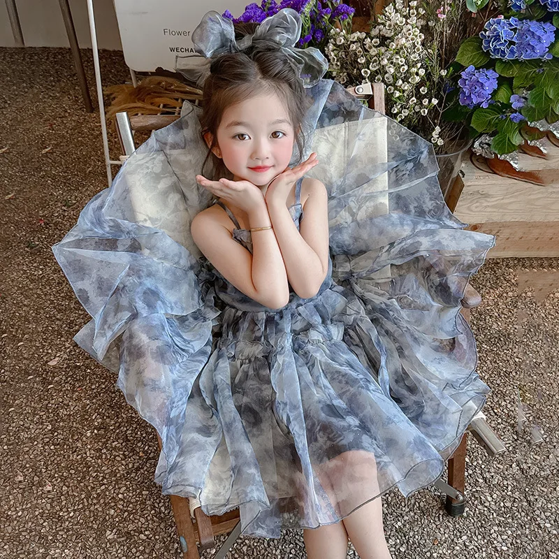 

Girls Princess Dress Summer 2024 New Foreign Style Baby Shaggy Tulle Dress Halter Skirt Children Summer Dress Simple Casual
