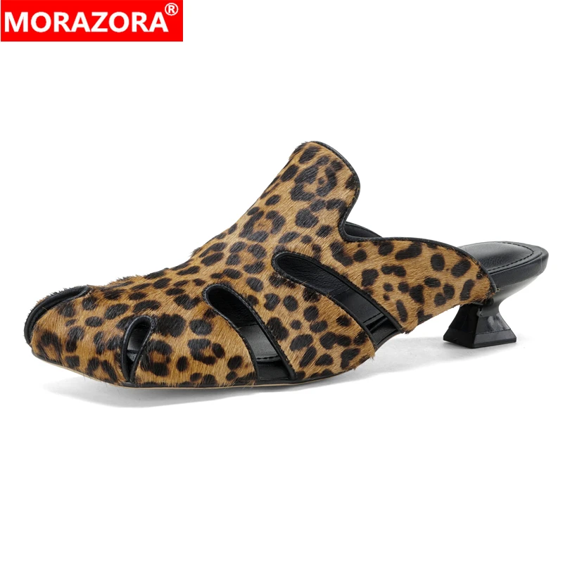 

MORAZORA Plus Size 34-43 Horsehair Leather Women Slippers Square Toe Mid Heels Leopard Ladies Mules Fashion Casual Daily Shoes
