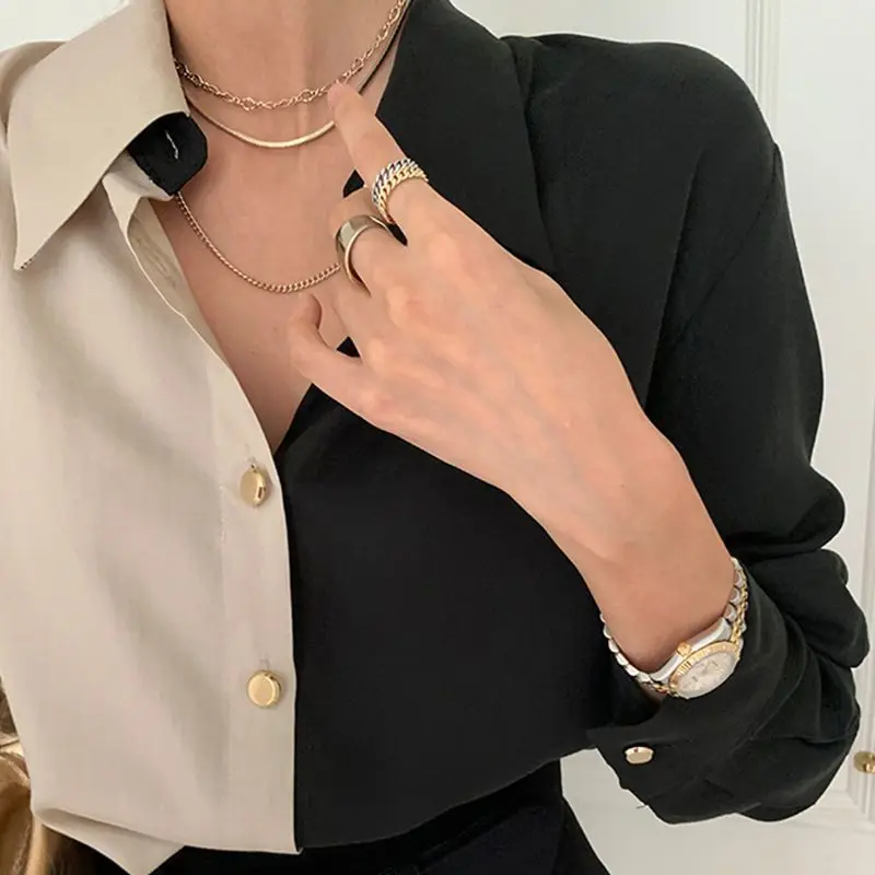 Vintage Color Matching Loose Single-breasted Blouse Women New Classic Long Sleeve Polo Collar Casual All-match Shirt 2023