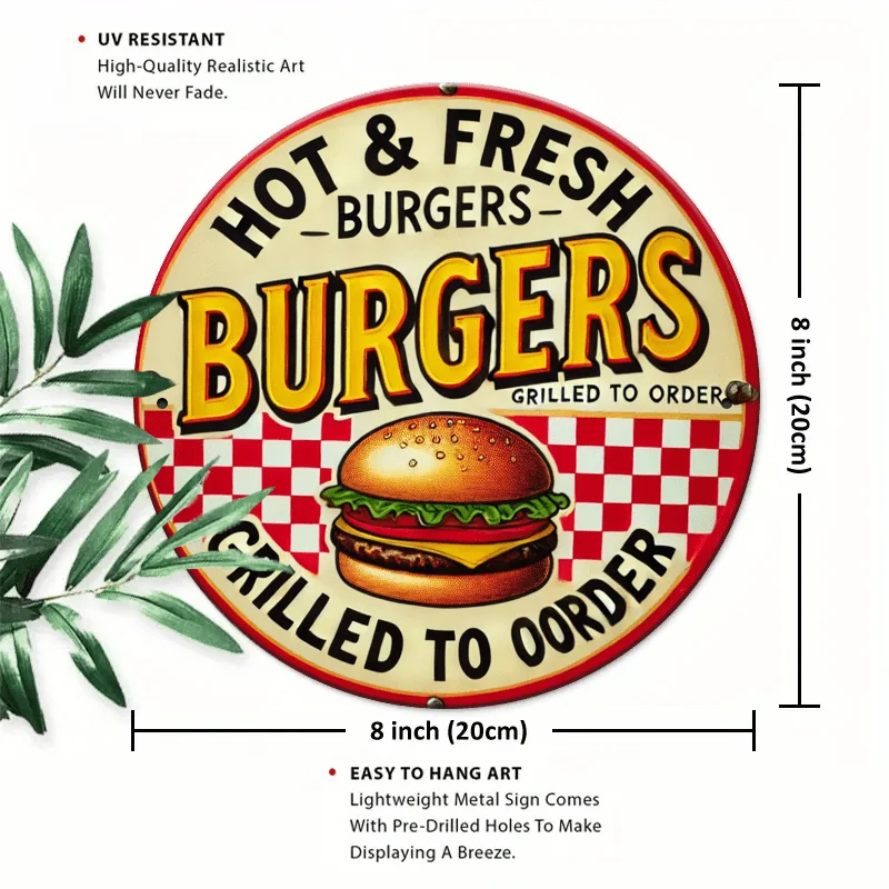 1pc Vintage Artificial Wood Burger Sign - 8 Inch Round 