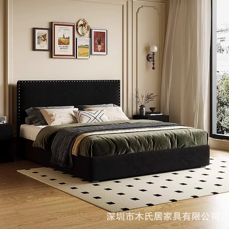 Modern Black Bedroom Set Eastern King Size Bed Luxury rivet soft bed master bedroom double bed simple flannel edge solid wood