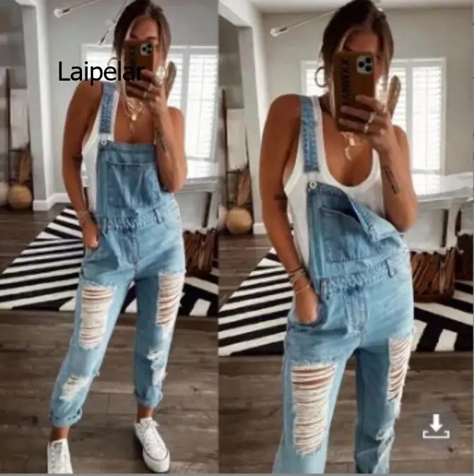 Women's Ripped Denim Jumpsuit Light Color Temperament Pocket Commuter Cotton Denim Ordinary Mid Waist Blue Strap Jeans Trousers