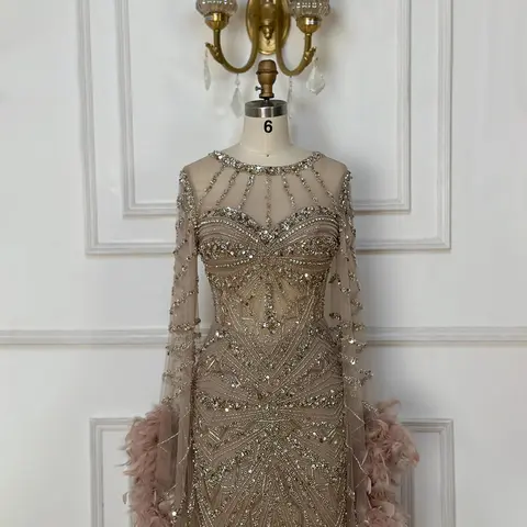 सेरेन हिल 2025 कस्टमाइज़्ड कारमेल बीडेड मरमेड इवनिंग ड्रेस, औपचारिक अवसर के लिए फेदर कफ्स के साथ LA72708A 10 best sales शांत पहाड़ी पोशाक - №9