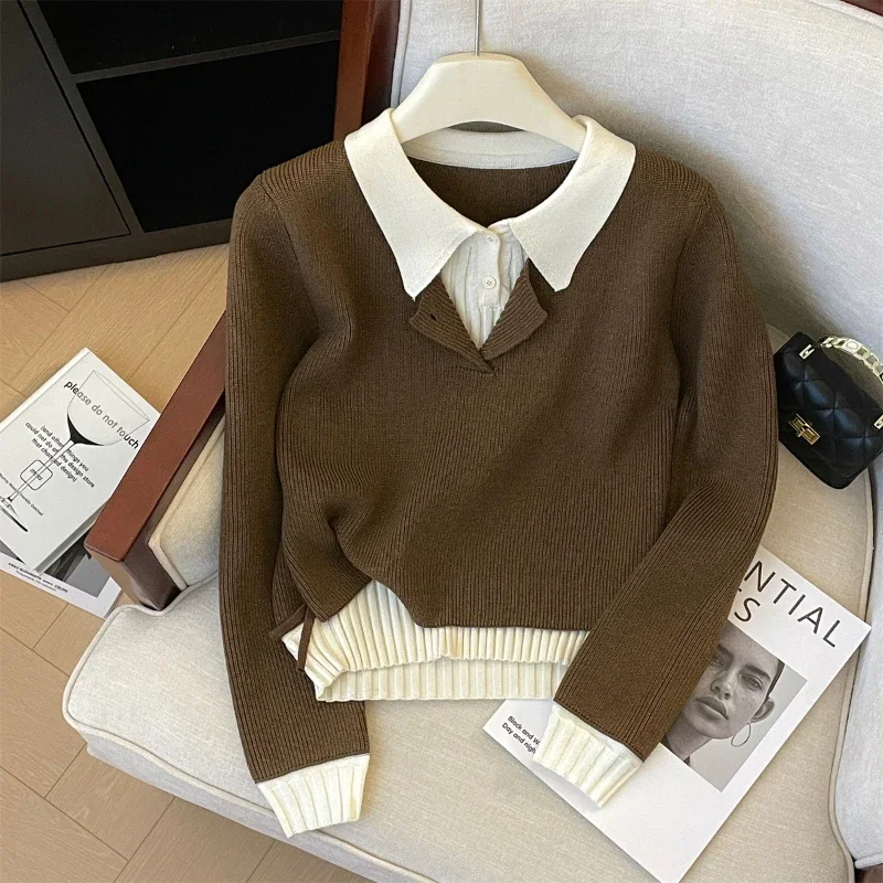 Bomon Korean fashion design sense fake two wool knitwear female autumn and winter new spice girls polo collar loose sweater