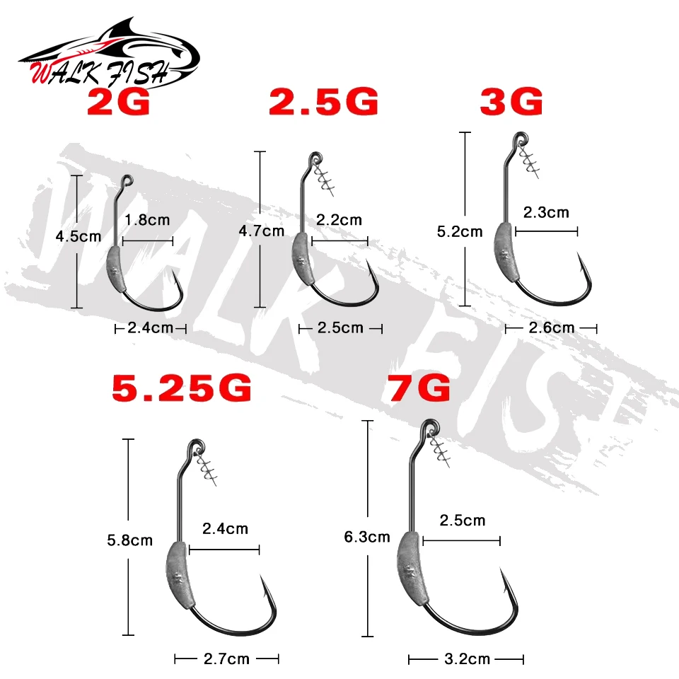 WALK FISH 5PCS Fishing Hook Lead Jig Head 2g 2.5g 3g 5.25g 7g Spring Lock Pin For Soft Bait Of Carbon Steel Hooks Fishing Tackle