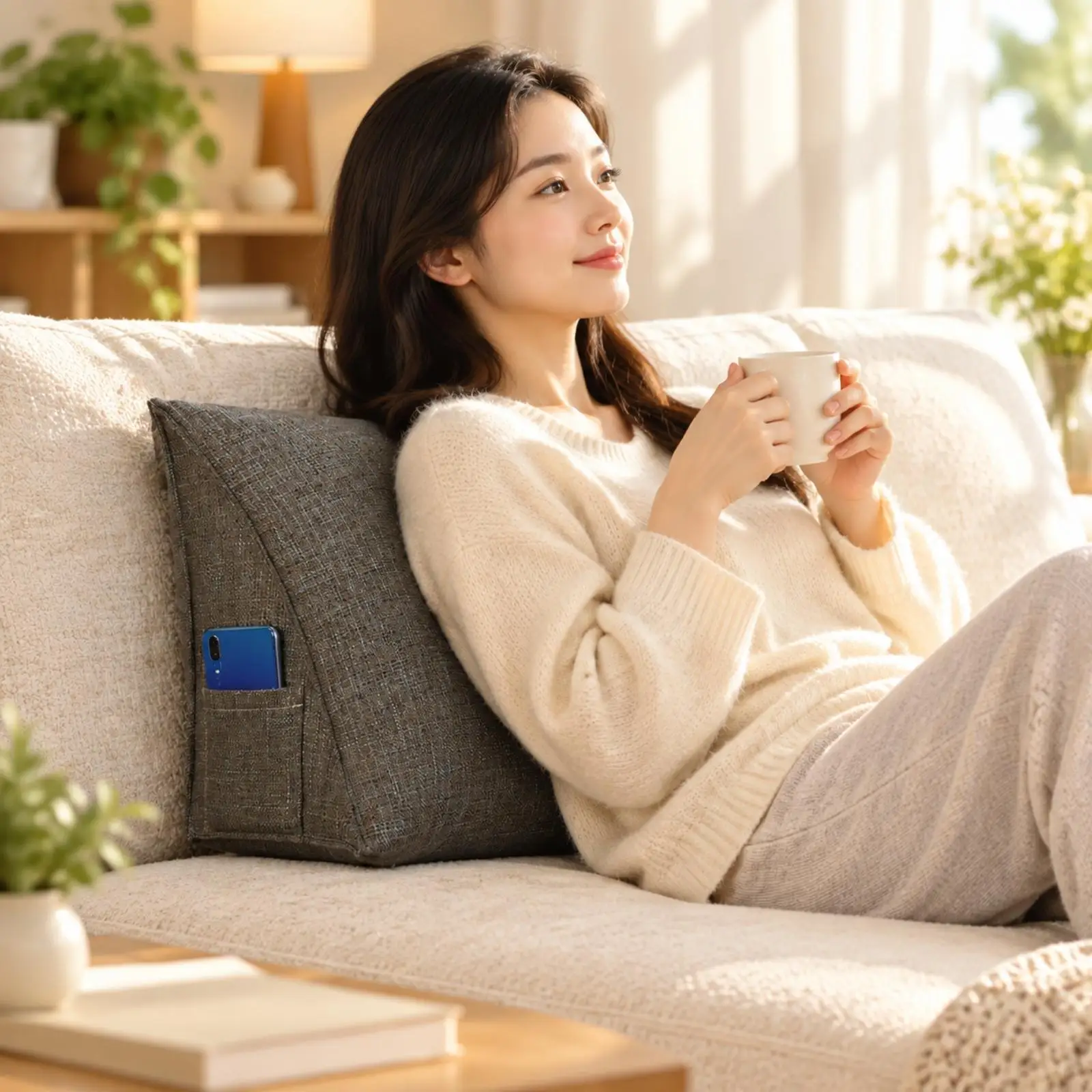 Ergonomic Backrest Wedge Pillow for Couch Lounging with Removable Cover and Side Storage