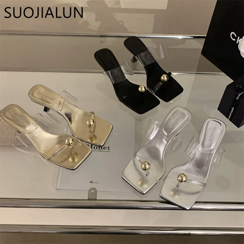 SUOJIALUN Summer New Brand Women Slipper Fashion Gold Buckle Ladies Elegnat Slides Thin High Heel Outdoor Dress Vaction Sandal