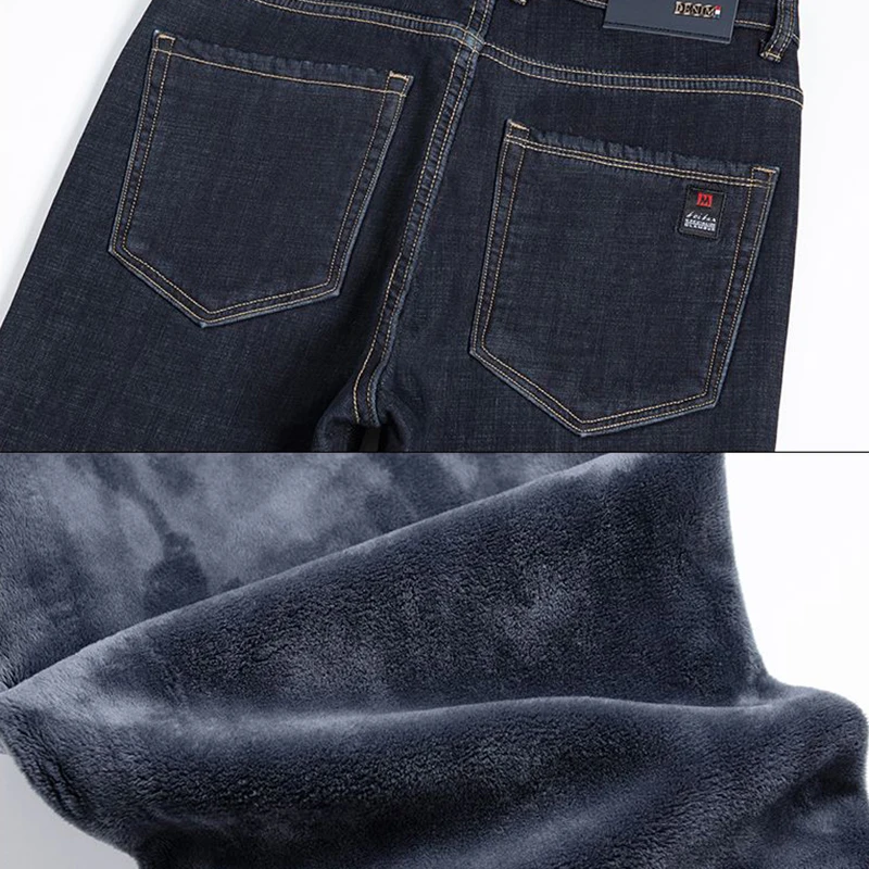 الرجال الخريف الشتاء صوف مبطن سميكة الجينز الذكور موضة فضفاضة مستقيم عالية الخصر الدنيم السراويل الدافئة الذكية بناطيل كاجوال #6