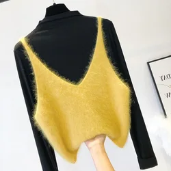 Korean Style Elegant Ladies Short Sweater Vest Spring Autumn V-neck Sleeveless Yellow Blue Black White Knitted Camisole Tank Top