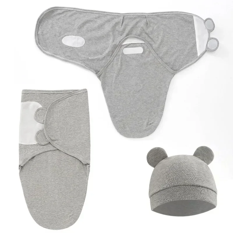 Conjunto de gorro y manta para bebé, manta ajustable de algodón con estampado de dibujos animados para recién nacido, envolturas para dormir para todas las estaciones de 0 a 6 meses